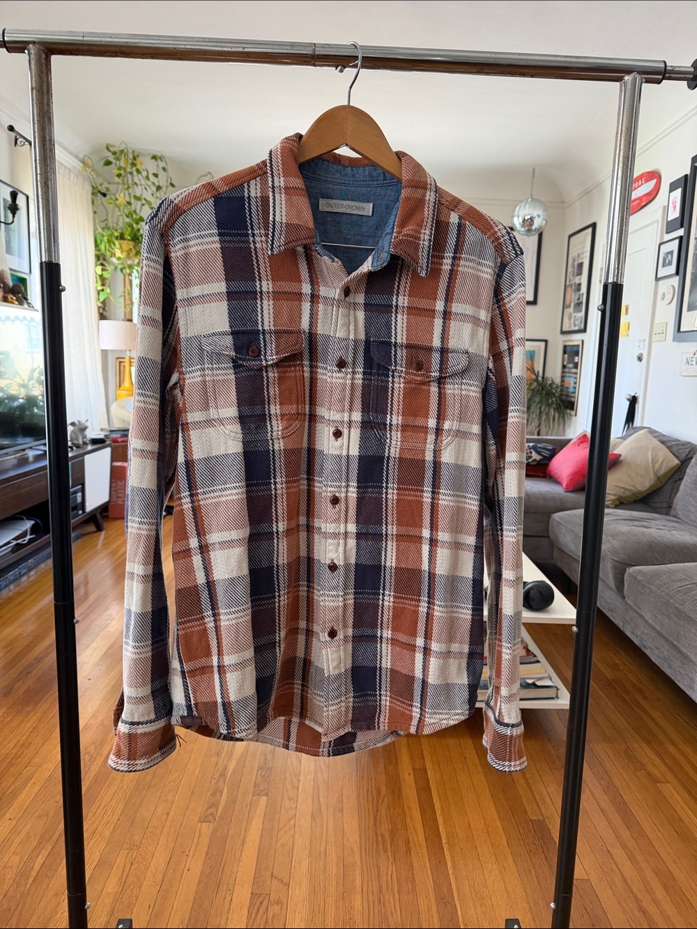 Outerknown Brown and Navy Plaid Button-Down Shirt